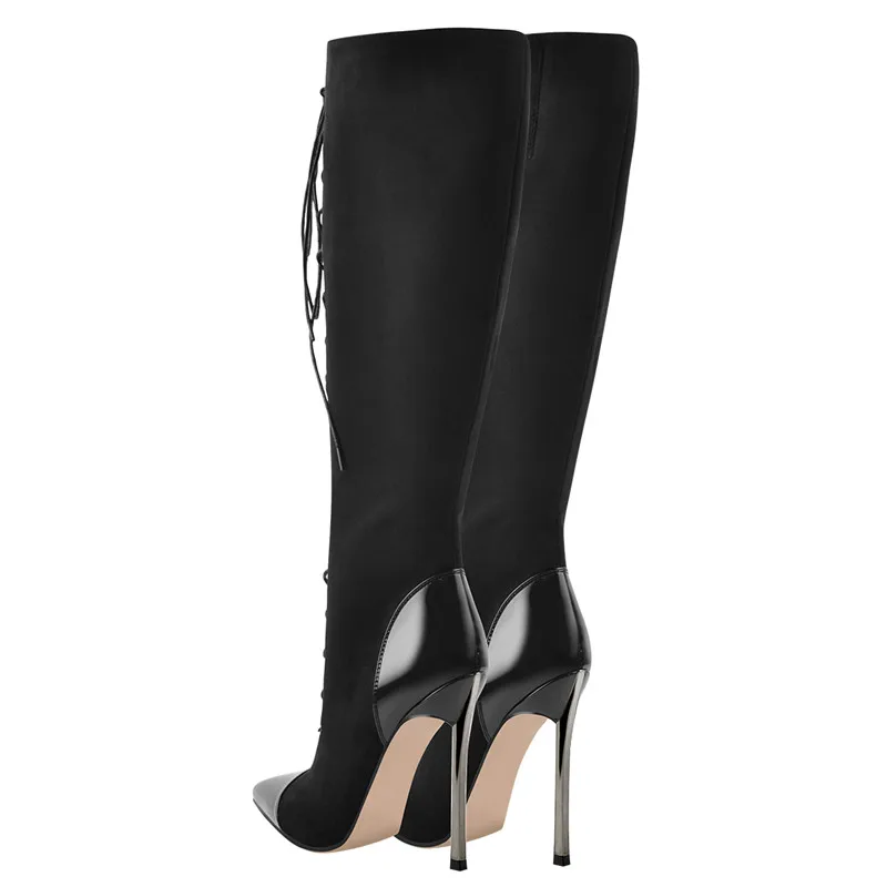 Onlymaker Women Pointed Toe Metal Heel Sexy Black Over The Knee Lace-Up Flock Stiletto High Side Zipper Winter Boots