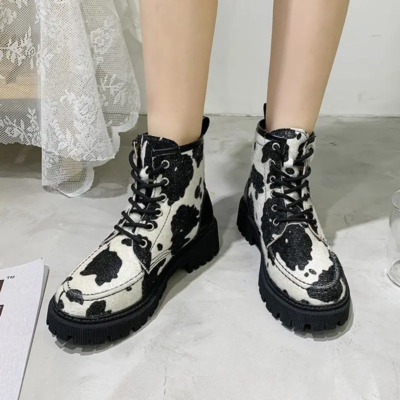 Fashion Designer Autumn And Winter Cows Women\'s Boots Short Boots Female Students Retro Knight Boots Thick-soled Mid-tube Boots