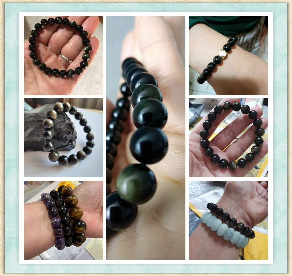 High Quality Natural Black Tourmaline Obsidian Beads Bracelet Fashion CZ Metal Square Charm Bracelet Jewelry for Women Men Gifts