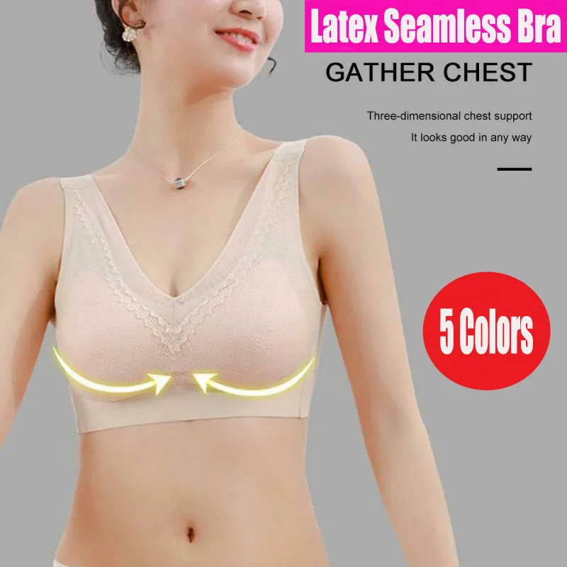 

Women Push Up Underwear Latex Seamless Bra Gathers Pad Sleep Lace Bras Female Intimate Fashion Wire-Free V-neck Bralette