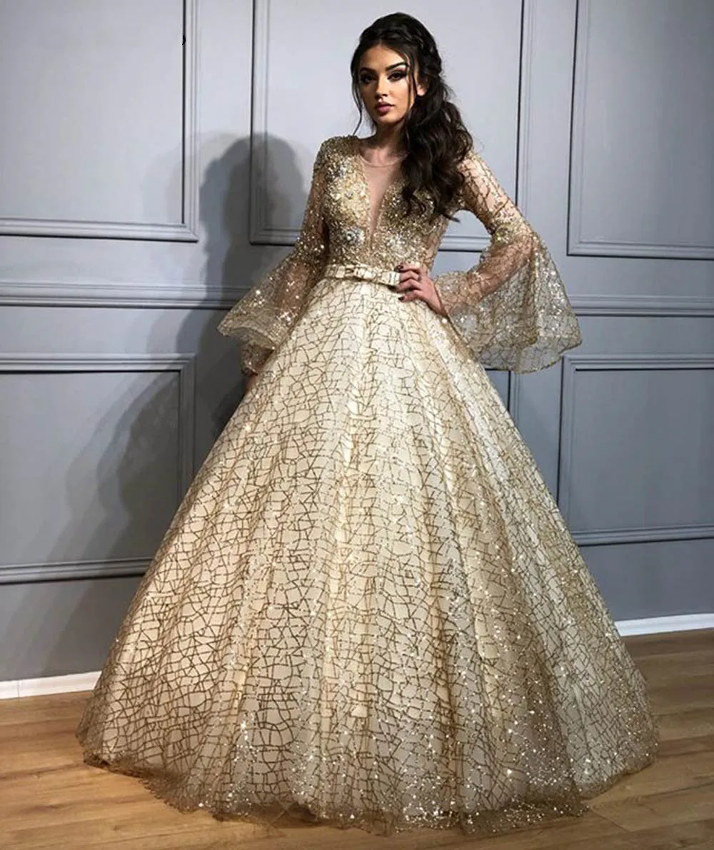 Splendido abito da sera con paillettes in pizzo con perline Design unico abito da ballo a maniche lunghe in stile arabo Dubai per occasioni formali