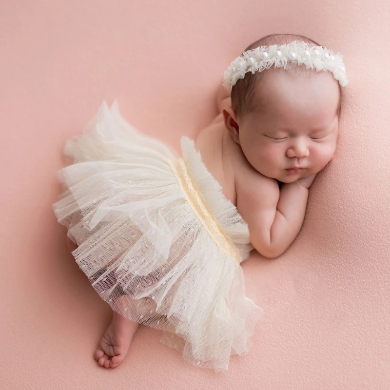 Newborn Photography Props Accessories Girl Lace Skirt Pearl Headband Set Baby Fotografie Studio Romper Photo Shoot Costume