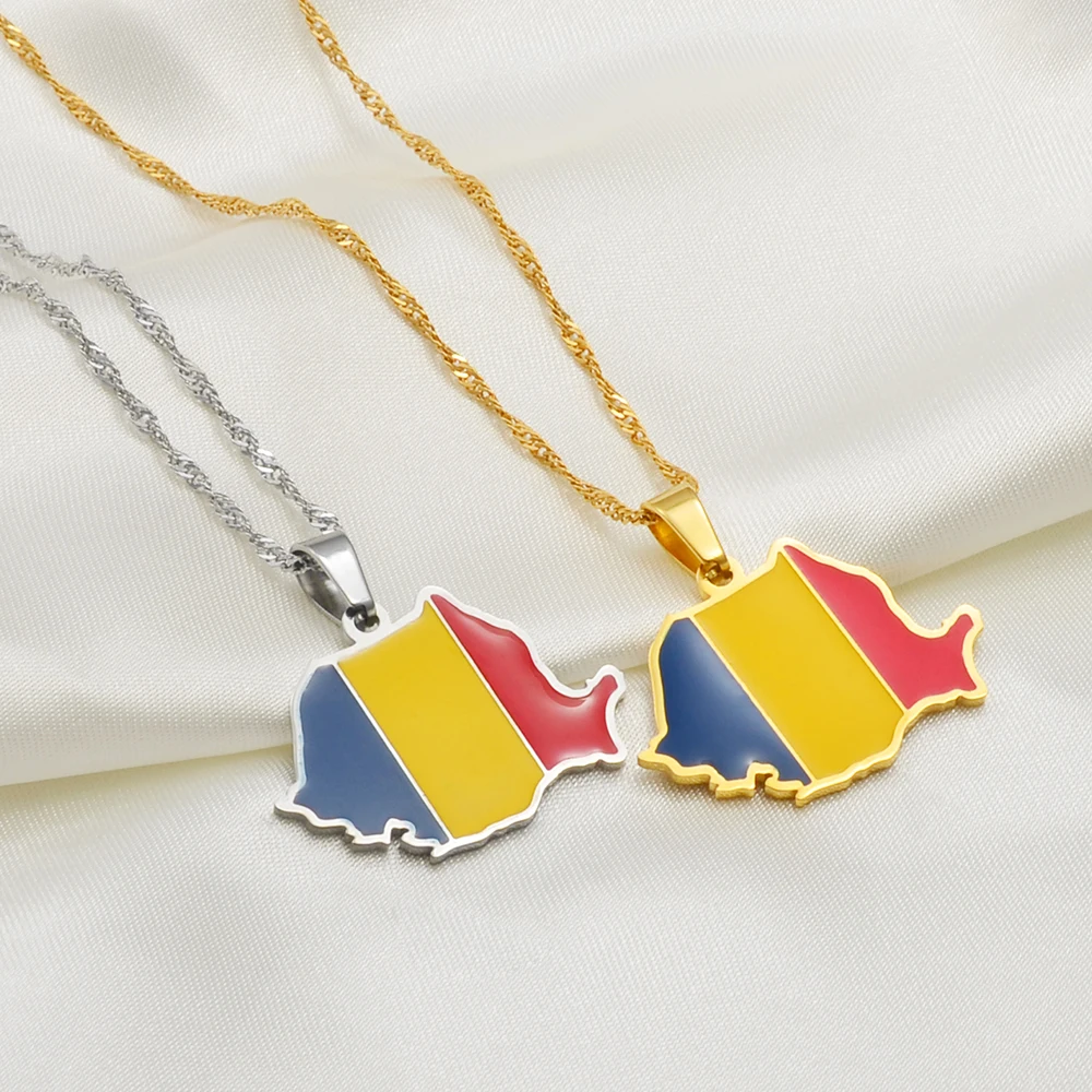 Anniyo Romania Map Flag Pendant Necklaces Silver Color/Gold Color Romanian Jewelry Ethnic @258621