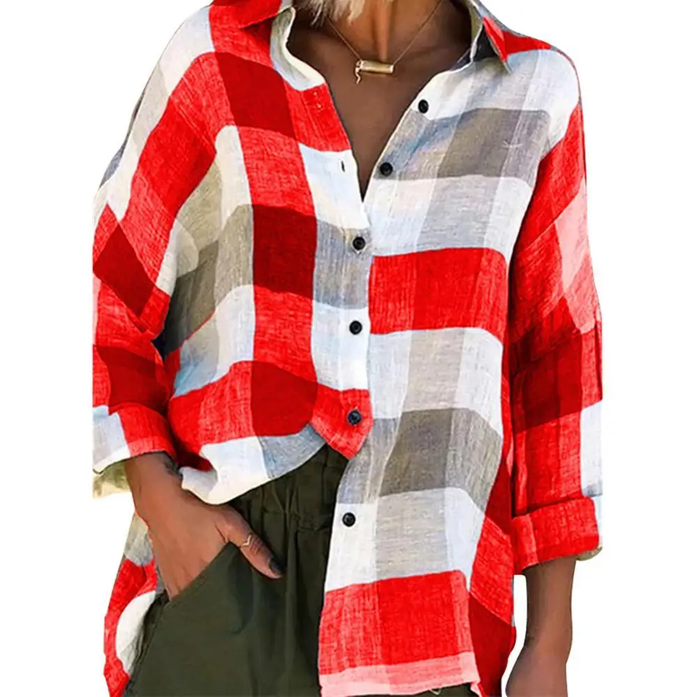 Fashion Women Shirts Turn Down Collar Check Plaid Buttons Shirt Top Lady Long Sleeve Loose Blouse рубашка женская 2022