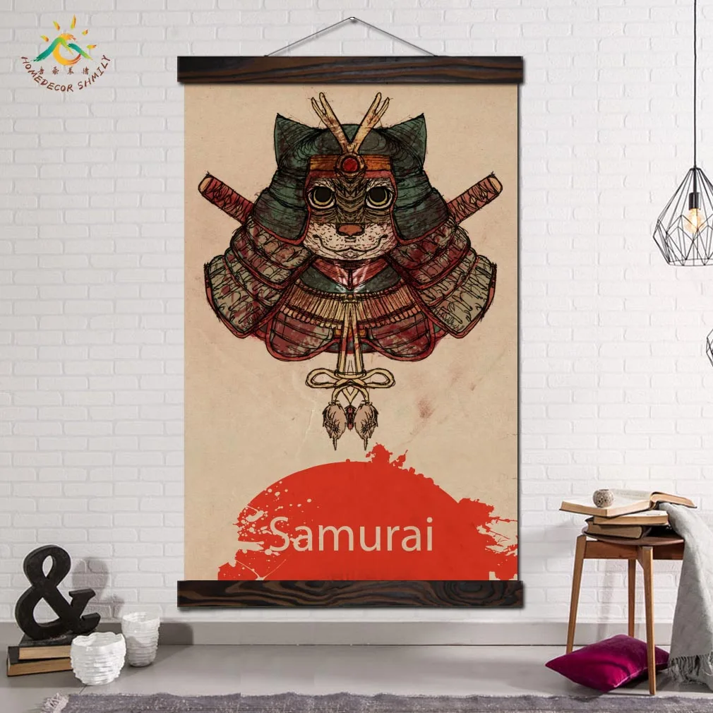 

Samurai Cat Warrior Wall Prints Modern Art Frame Scroll Canvas Painting Poster Wall Pictures Home Decor for Bedroom