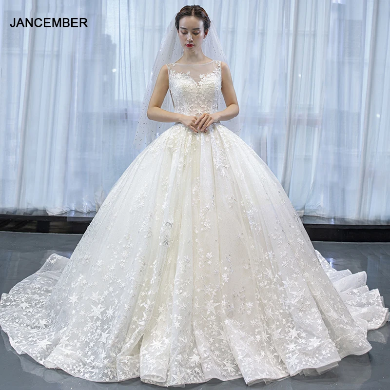 J67001 jancember white wedding dress plus size with veil o neck embroided appliques lace ball gown dress свабедное платье 2020