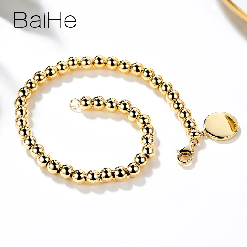 BAIHE Solid 14K Yellow Gold 3mm small/4mm big Wedding Engagement Exquisite Women Fine Jewelry Beads Bracelet Моншақ білезік