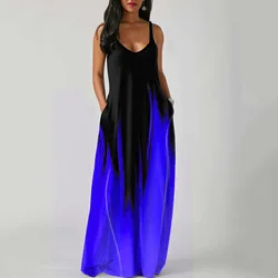Sexy Spaghetti Strap Gradient Long Maxi Dress Women Casual Sleeveless Loose Pocket Boho Sundress Holiday Party Robe Vestidos