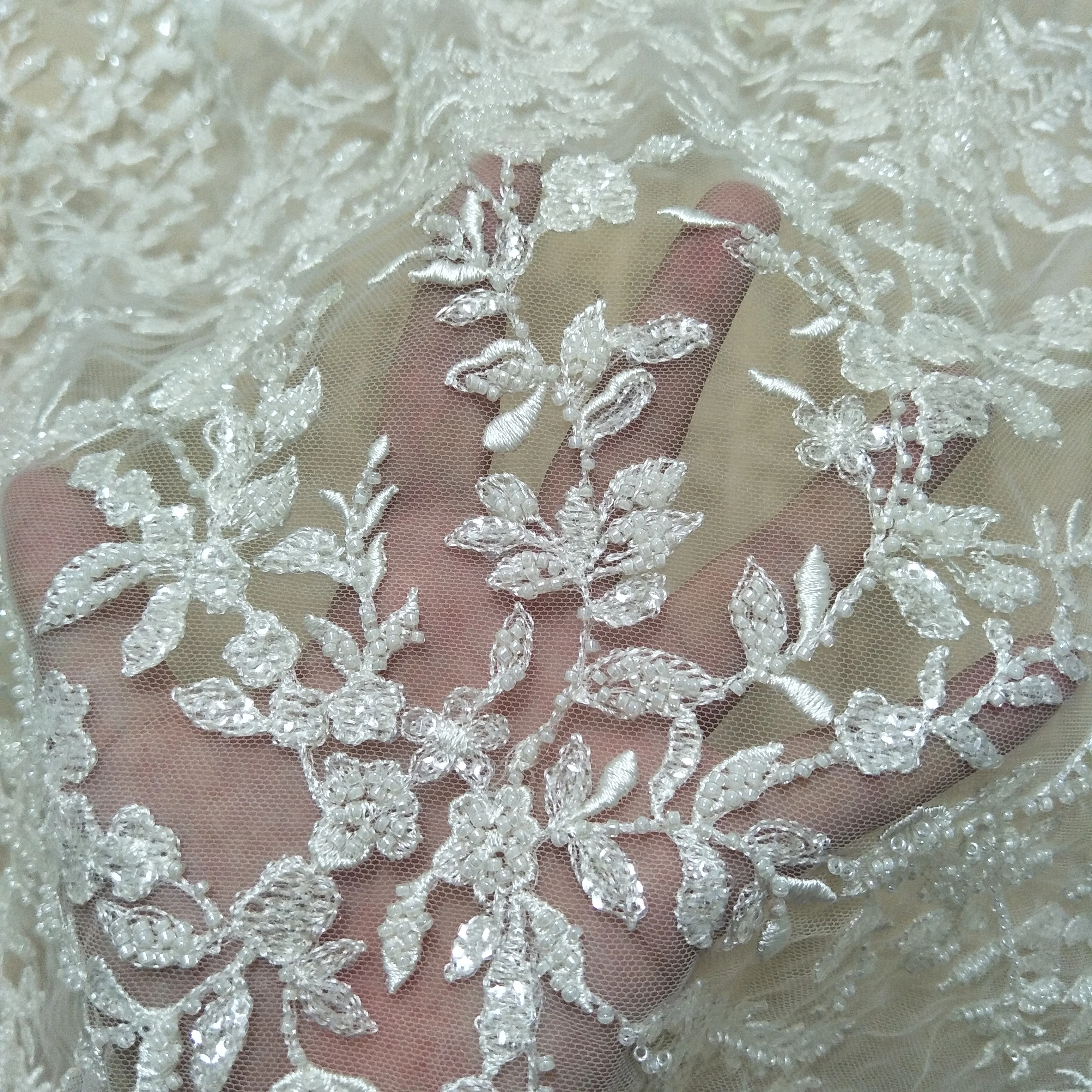 Bridal beading lace fabric wedding gown dress lace fabric beads and sequins lace fabric sell by yard