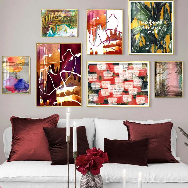 

Abstract Golden Plant Leaves Picture Wall Poster Modern Style Canvas Print Painting Art Aisle Living Room Unique Decoration