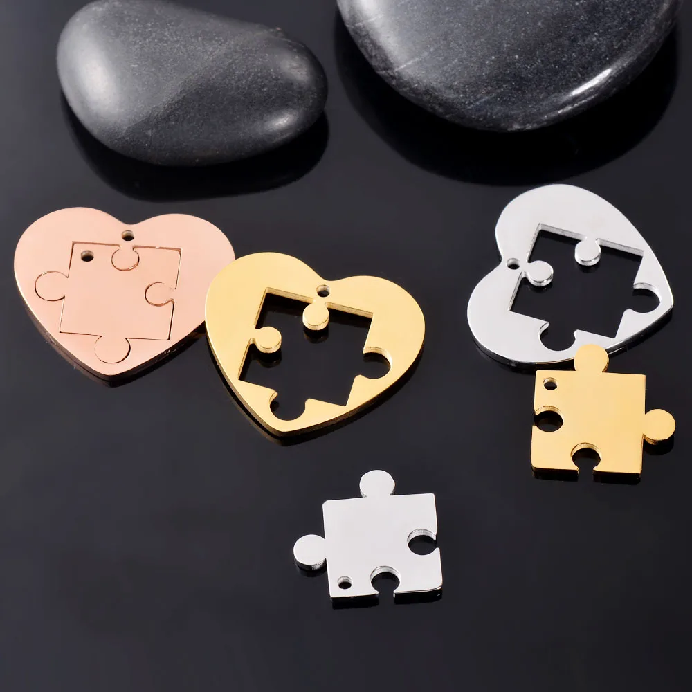 5Sets Stainless Steel Heart Blank Puzzles Tags Pendant DIY Jigsaw Charms Mirror Polished Necklace Jewelry Wholesale