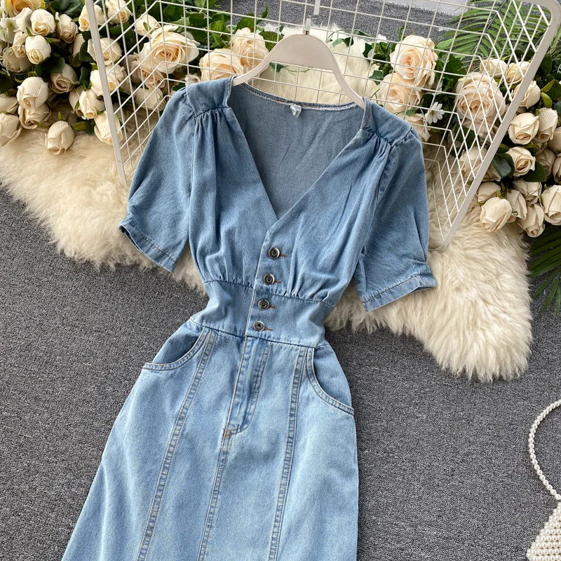 Women Summer Retro Midi Denim Dress Solid V Neck Button Sexy Split Slim Dress Korean Elegant Streetwear Ruched Dress