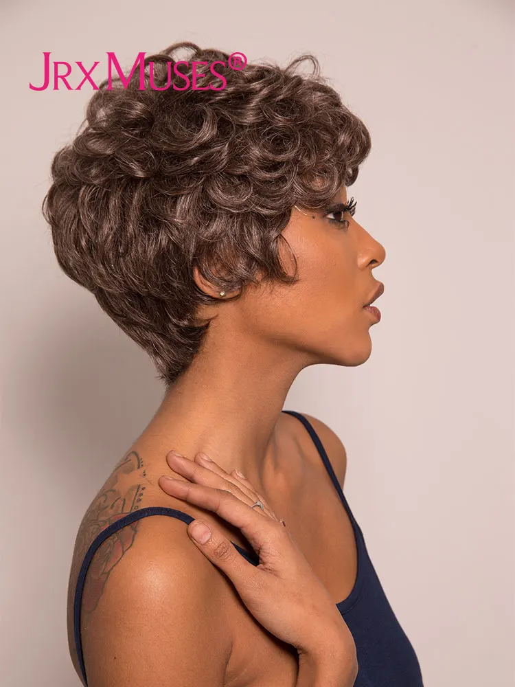 Caryn-Peluca de cabello humano rizado para mujer, pelo suelto hecho a máquina, corte Pixie, de verano