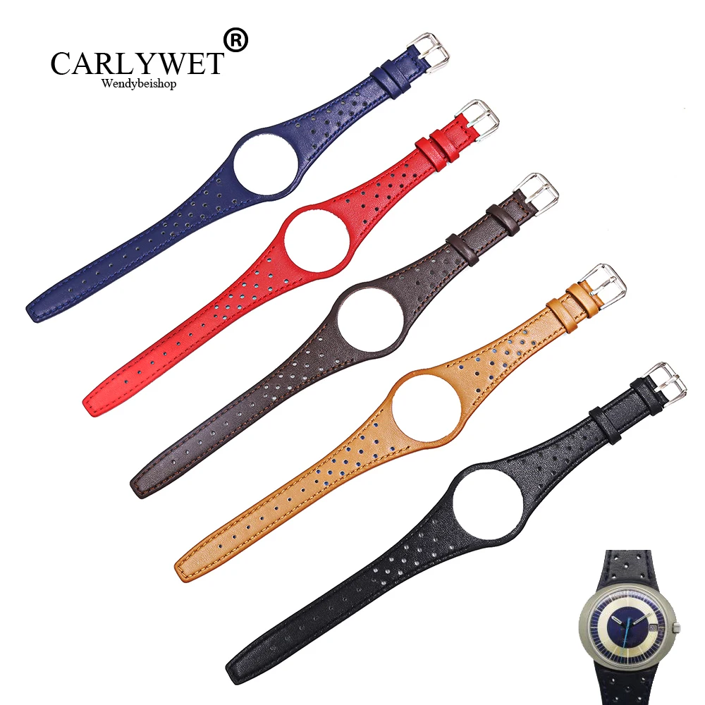 CARLYWET Red Blue Brown Black Khaki Leather Watch Band Strap Belt With Silver Steel Buckle For Men Omega Dynamic