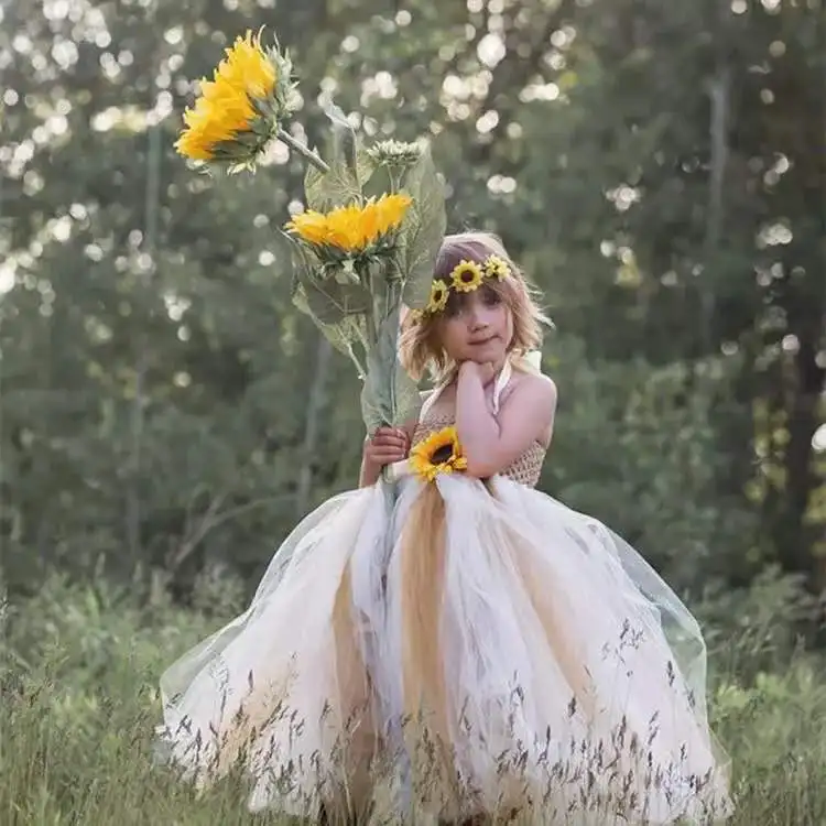 

2021 Girls Sunflower Tutu Dress Kids Crochet Dress Long Ball Gown with Straps and Hairbow Children Christmas Party Costume Dress