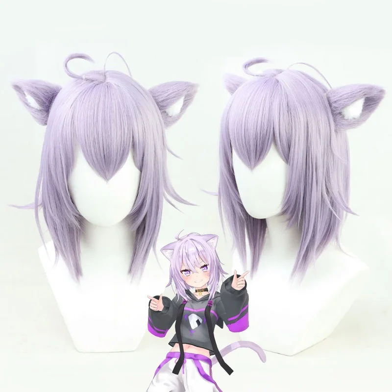 VTuber Nekomata Okayu-Peluca de cabello sintético para Cosplay, peluca con orejas holográficas, lilas, lilas, lisas, cortas, sin Graffiti