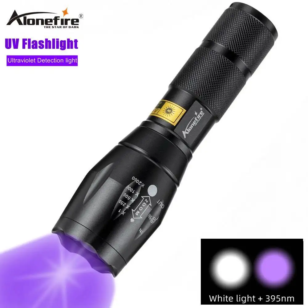 

Alonefire E17 T6+395nm UV flashlight Ultra Violet Light With Zoom Function Mini UV Black Light Pet Urine Stains Detector Scorpio