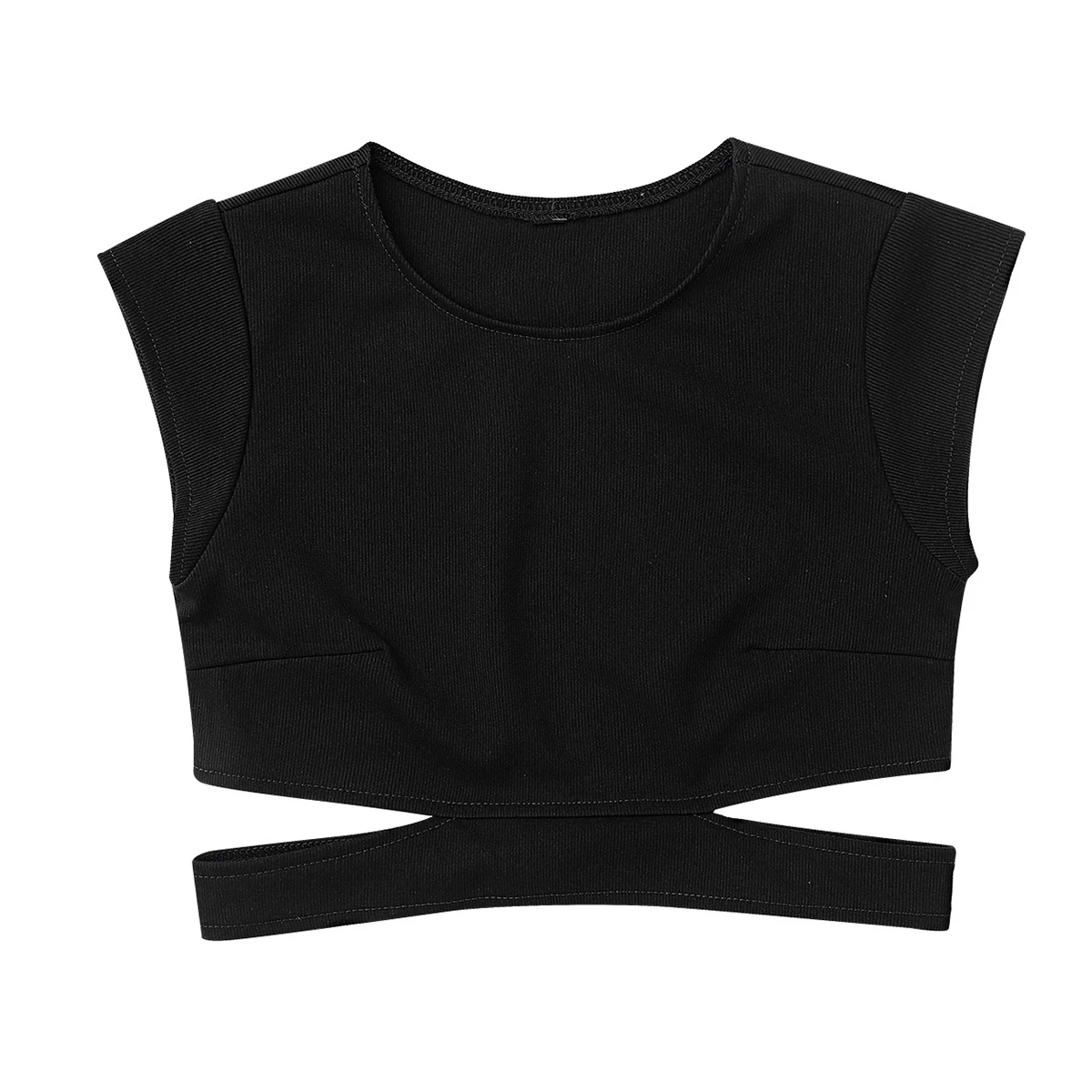 Kids Cap Sleeves Stretchy Cutout Waist Bra Crop Top Workout Clothes Girls Ballet Gymnastics Tops Stage Performance Dancewear