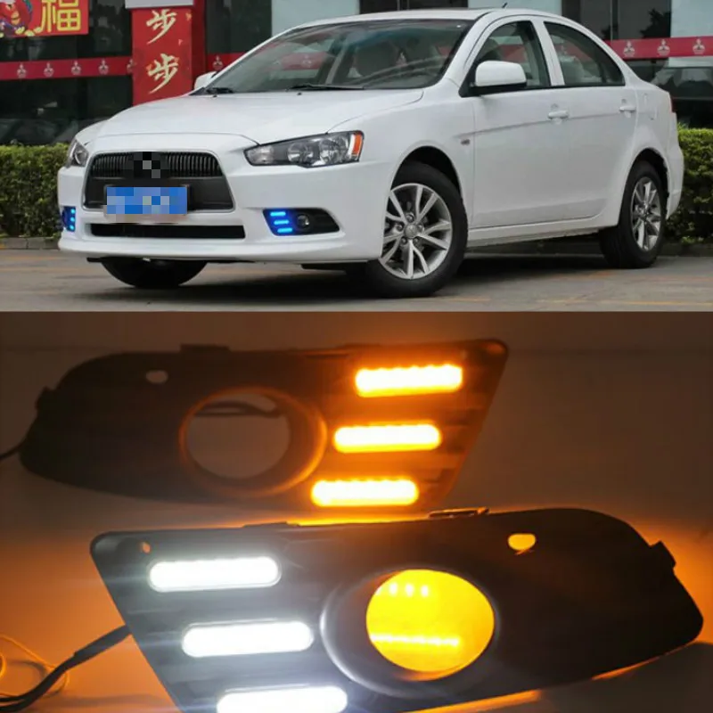 For Mitsubishi Lancer EX 2013-2014 with Dynamic moving yellow turn signal LED DRL daytime running light +front fog light