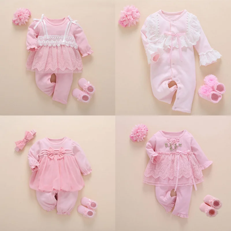 Vêtements d\'Automne en Coton pour Petite Fille, Tenue en Style de Princesse pour Nouveau-Né, Barboteuse avec Chaussettes et Bandeau, Ensemble pour