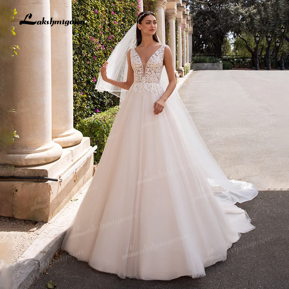 Romantico abito da sposa principessa scollo a v ricamato Tulle Boho A-line abito da sposa applicazioni floreali robe de mariee senza maniche