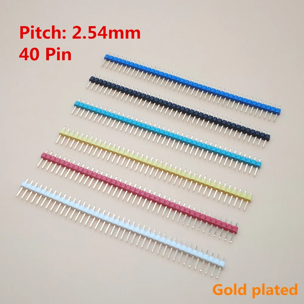 20PCS Gold plated 40P 2.54mm Male Color Single Row Pin Header 1*40P Red Black Green Blue Yellow White