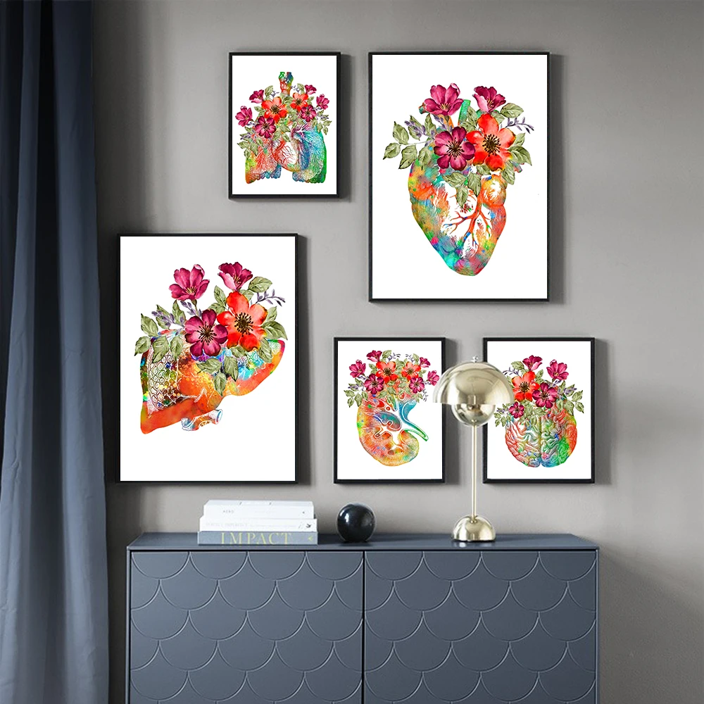 Heart Brain Kidney Lungs Flower Anatomy Wall Art Canvas Painting Nordic Posters And Prints Wall Pictures For Doctors Room Decor