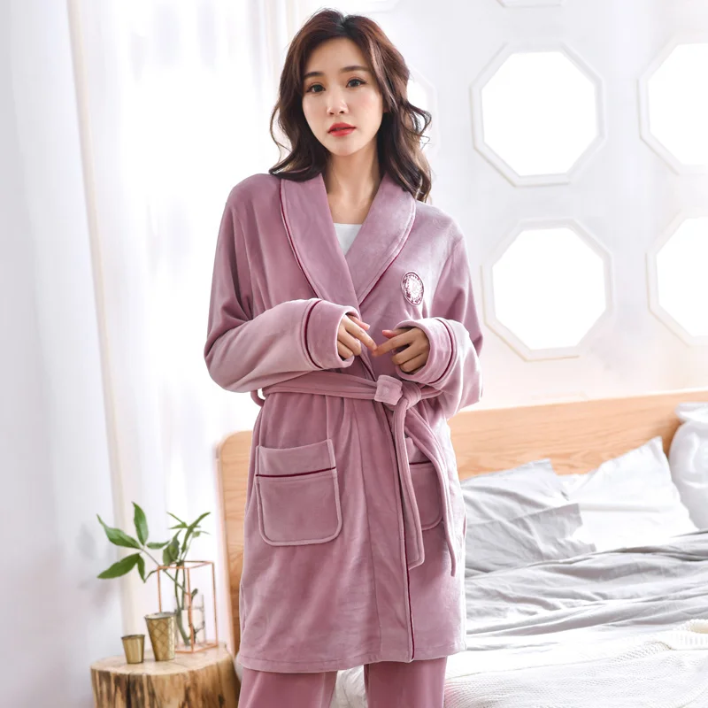 

Female Nightgown Thick Island Fleece Women's Bathrobe + Pants 2pcs Kimono Pajama Sexy Robes Home Service Flannel Homewear M-XXXL