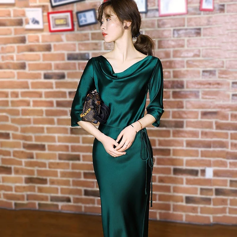 High Quality Women Solid Color Satin Maxi Dress Half Sleeve 2023 Korean Fashion Lady Summer Long Dresses Soft Smooth Vestidos