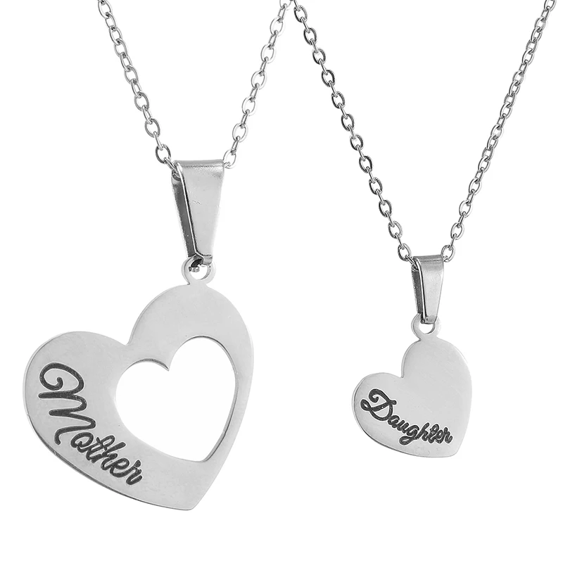 2pcs/Set Mother Daughter Heart Necklace Stainless Steel Splicing Engraved Letter Love Necklaces for Women Girls Mom Jewelry Gift