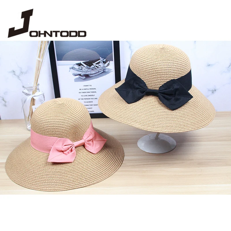 2021 New Spring Summer Woman Straw Plaited Bucket Black and Pink Bow Hat Beach Holiday Round Top Outdoor Sun Block Hat Cap