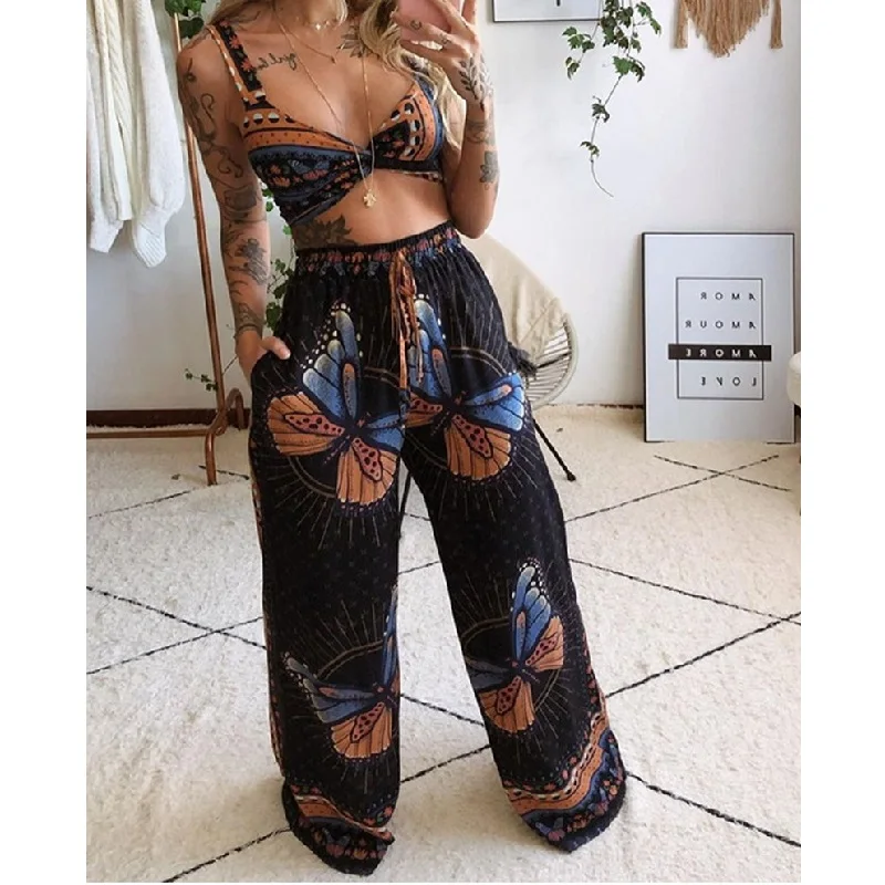 Conjunto de calças femininas sem mangas com estampa boho e perna larga, agasalho sexy, roupas femininas da moda, terno solto, 2 peças, 2024