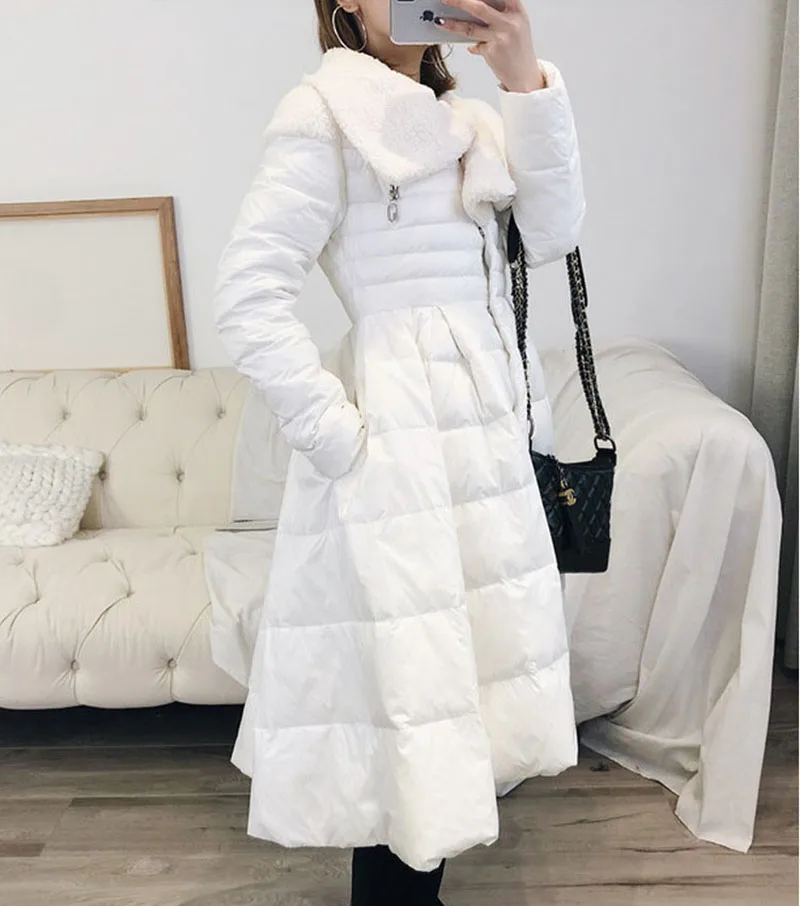 Stilysh Big Swing Skirt Down Jacket Winter Women Irregular Hem Waist Slim Outwear Parka Turn-collar White Duck Down Coats Long