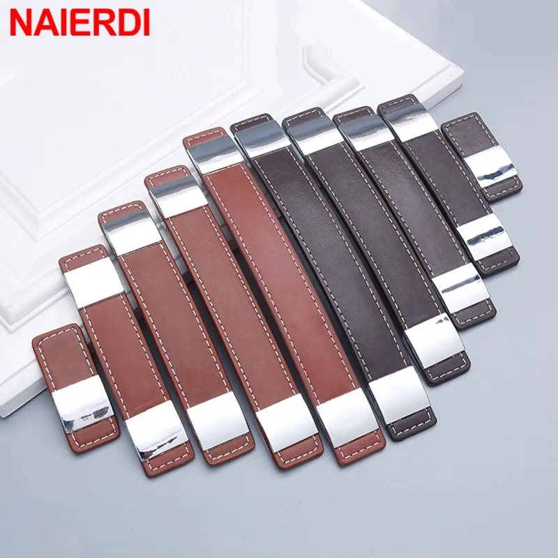 NAIERDI Black Leather Furniture Handle Brown Wardrobe Cupboard Knob Cabinet Handle Door Pulls Eco-Friendly Artificial Leather