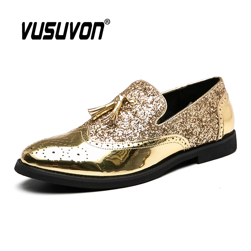 Fashion Tassel Men Loafers Gold Sequin Men Leather Dress Shoes Non-slip Rubber Bar Party Wedding Oxford Brogue Shoes Size 38-48