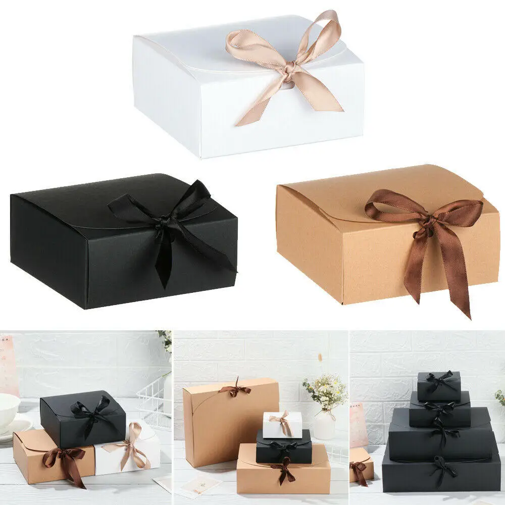 1pcs Square Kraft Paper Box Cardboard Package Valentine's Day Gift Candy Storage Boxes With Ribbons Gift Bag Pouches