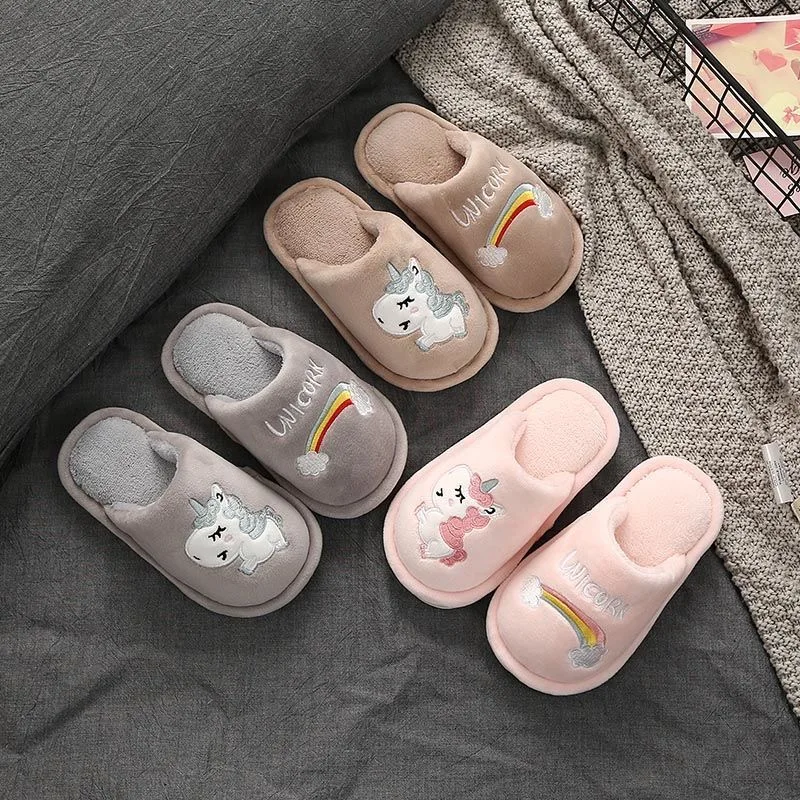 Pink Blue Unicorn Winter Comfort Kids cute Slippers For Boys Grils  Soft Non-slip Home Baby Warm Cotton Indoor Shoes