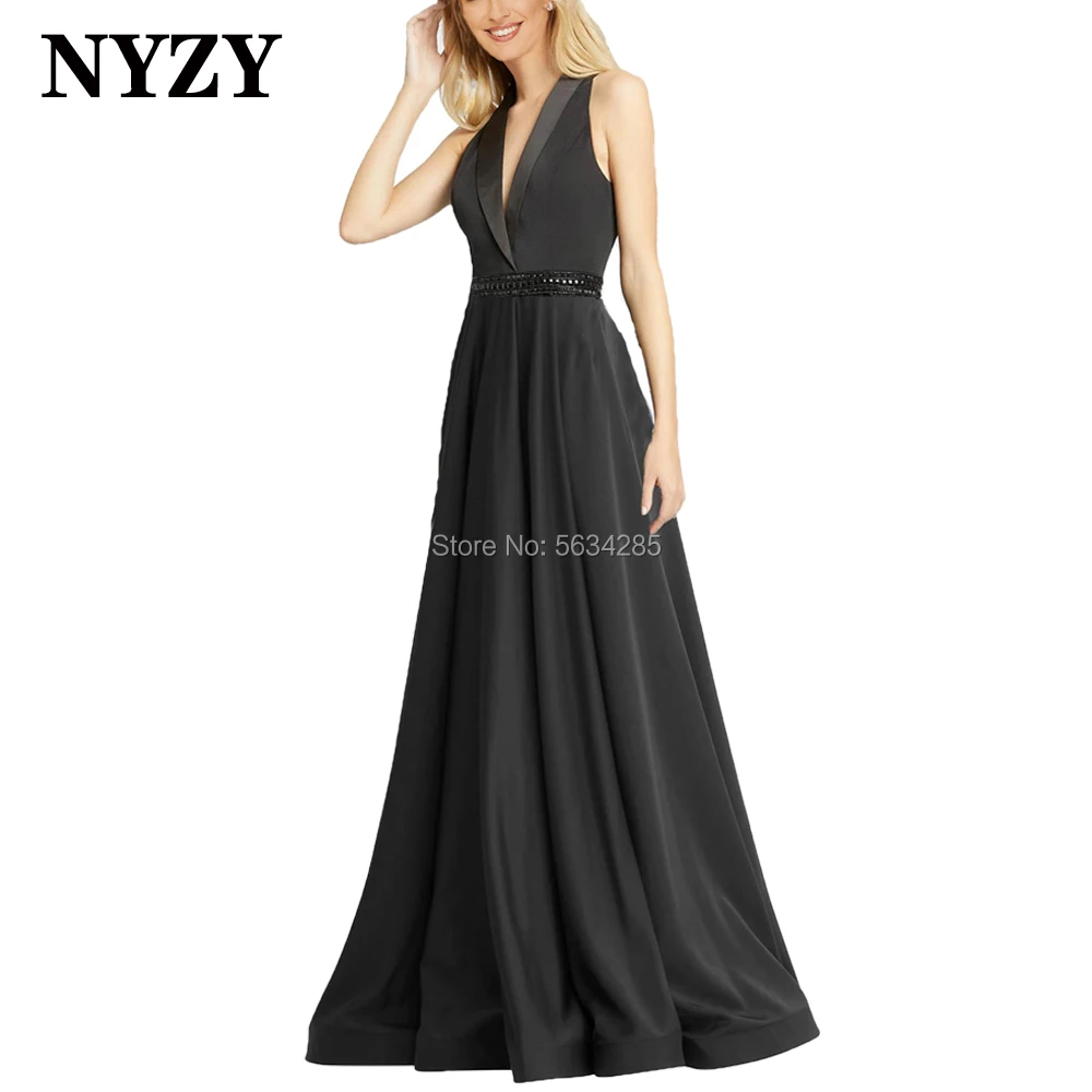 

NYZY P104 Elegant Satin A-line Deep V Neck Crystal Evening Dresses Long 2020 Black Dress Party Prom Celebrity