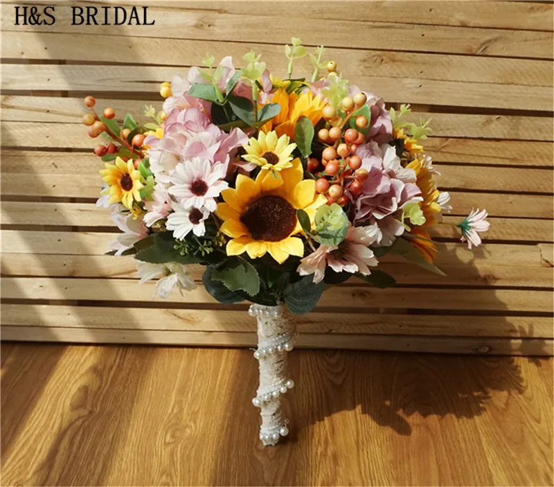 H&S BRIDAL Lace Handle Sunflower Wedding bouquet Sun Flower Bridal Bouquets Yellow Bridesmaid bouquets Artificial Wedding Flower