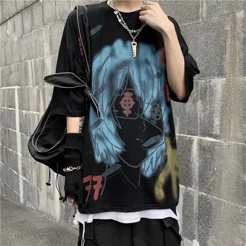 Dark Graffiti Harajuku Print Hip-hop Short-sleeved Half-sleeved T-shirt Women Loose Casual Oversized T-shirt Men And Women S-5XL