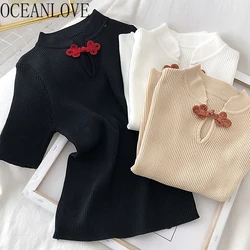 OCEANLOVE Knitted T Shirt Women Solid Chinese Style Vintage Fashion Ropa Mujer 2020 Summer Tops Tee Elegant T-shirt 17006