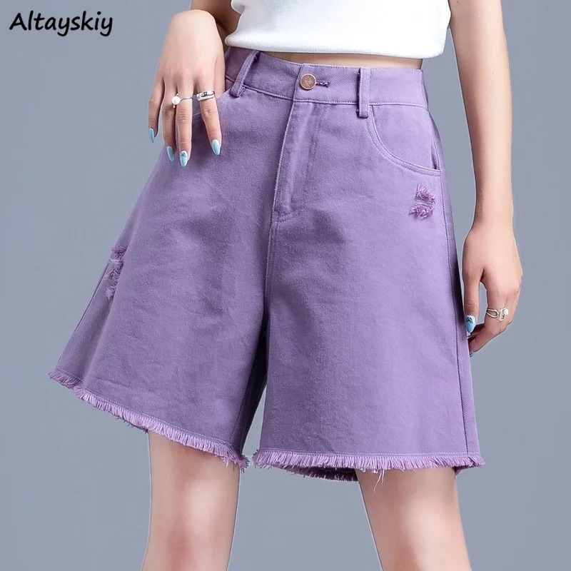 Jeans Women Solid Color Wide Leg Knee-length Female High Waist Chic Vintage Cool  Street Grasp The Grain Design Casual Girl