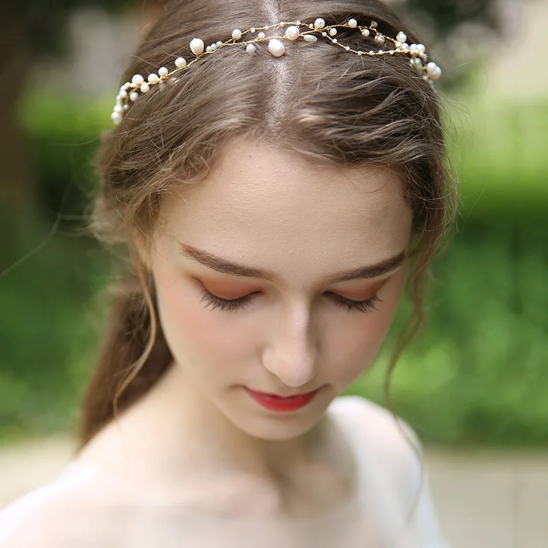 Simple Pearls Long Hair Vine Bridal Headband Gold Color Wedding Jewelry Handmade Women Hair Piece Accessories