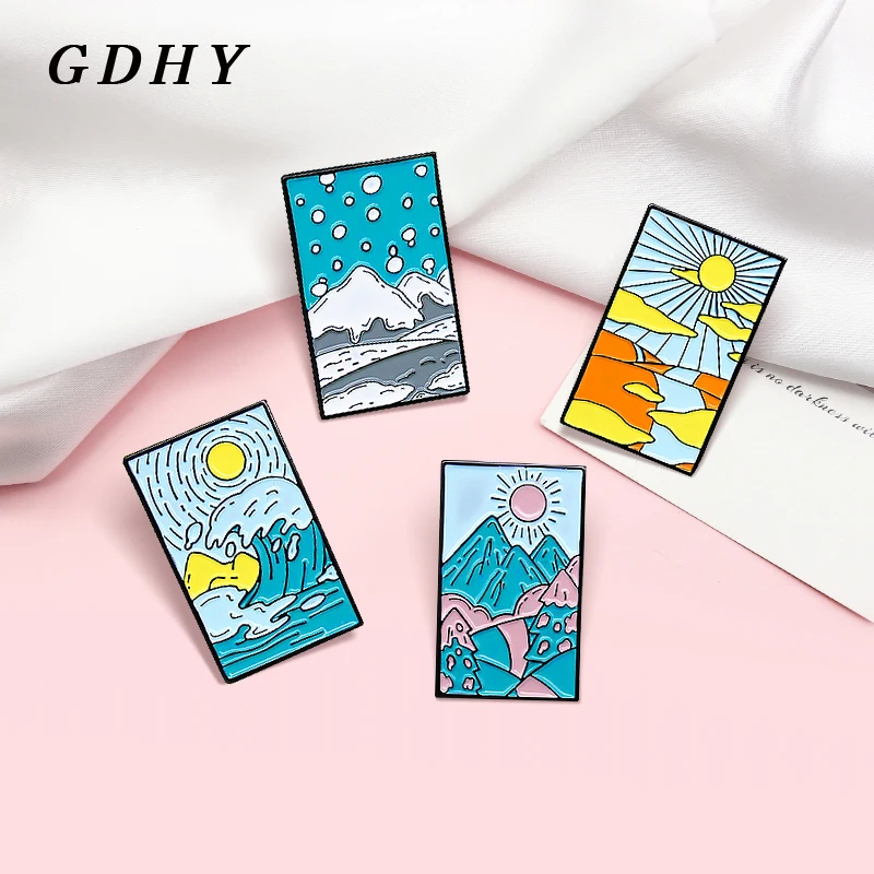 GDHY Spring Summer Autumn Winter Oil Painting Enamel Pins Sea wave Desert Snow Mountain Scenery Brooches Lapel For Kids Jewelry