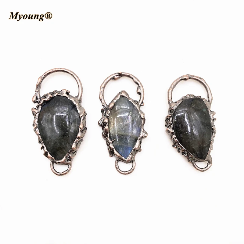 10PCS Natural Flash Labradorite Vintage Pendants, Antique Copper Double Loops Stone Connectors Boho Jewelry Making  MY210437