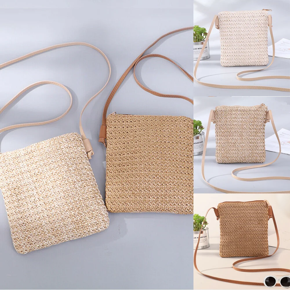 Eco-Friendly Solid Straw Woven Plait Small Bags  Sundries Messenger Holder Coin Card Comestic Travel Storage Bags