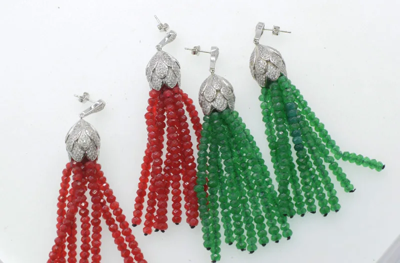 

one pair green/red/yellow/purple jasper roundel faceted hook tassel drop earrings 80mm wholesale beads nature FPPJ