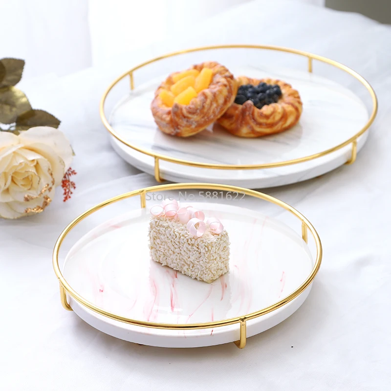 Nordic Light Luxury Marble Marble Ceramic Tray Fruit Plate Dessert Plate Storage Tray with Gold-plated Wrought Iron Base