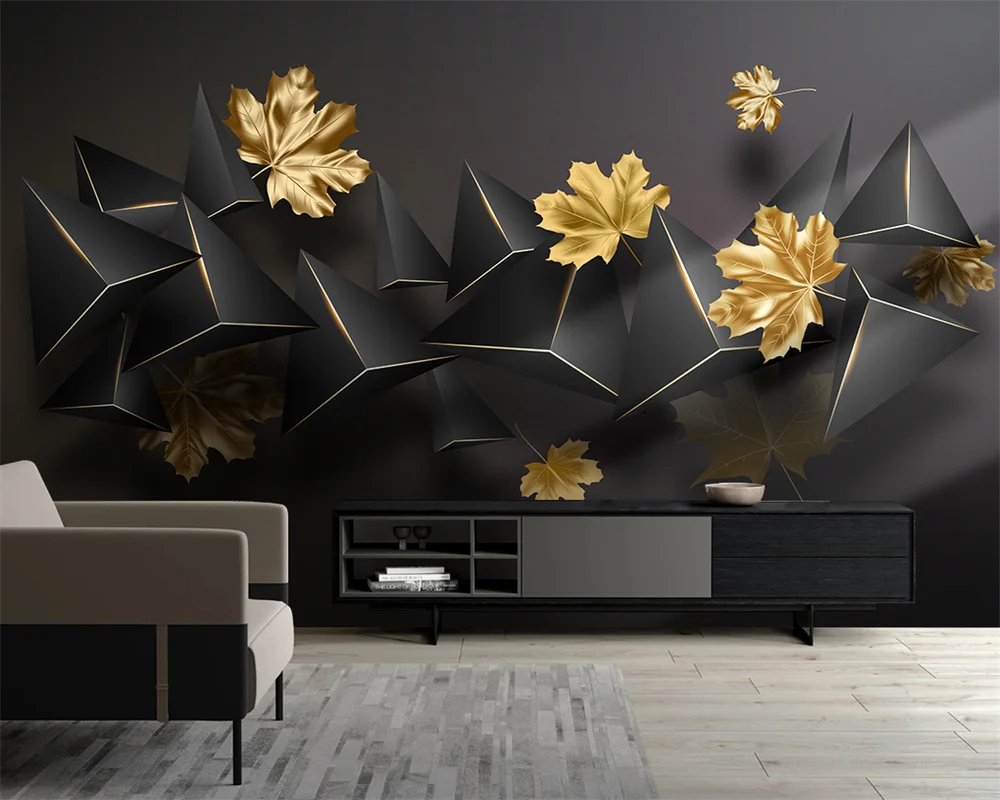 

beibehangCustomized modern modern light luxury maple leaf stereo black TV background papel de parede wallpaper papier peint