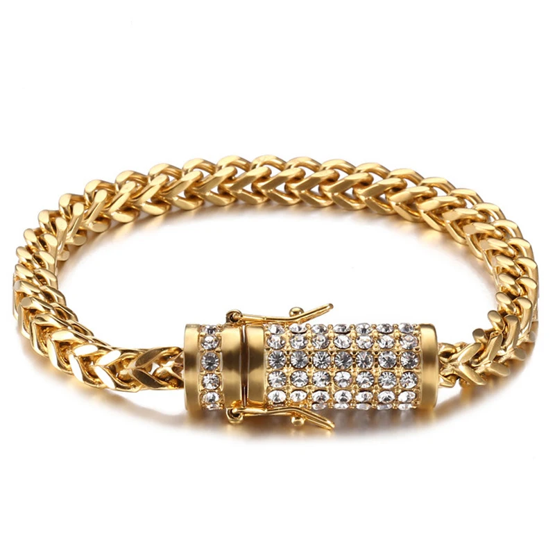 Hip Hop Stainless steel Gold Bracelets four-sided grinding Bracelets buckled diamonds plated 18k gold titanium steel Bracelet